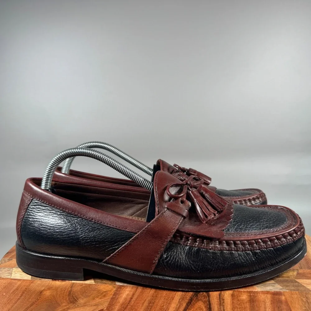 Johnston & Murphy Mens 9.5 M Black Burgundy Leather Tassel Kiltie Loafers 220592